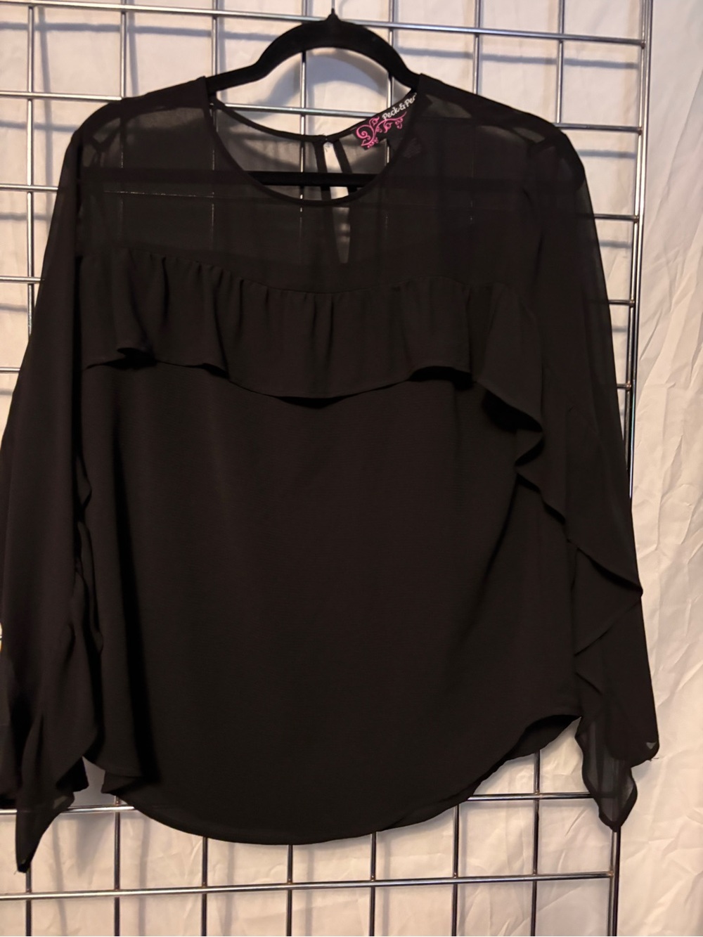 Peck & Peck Black Sheer Yoke Ruffle Blouse